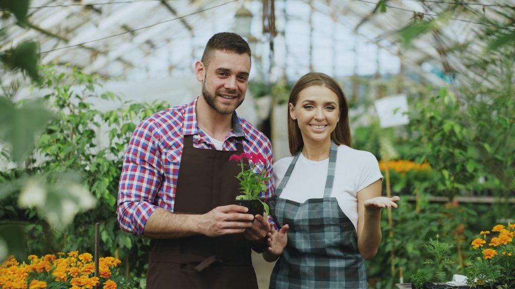 Couple holding a potted plant in a greenhouse.